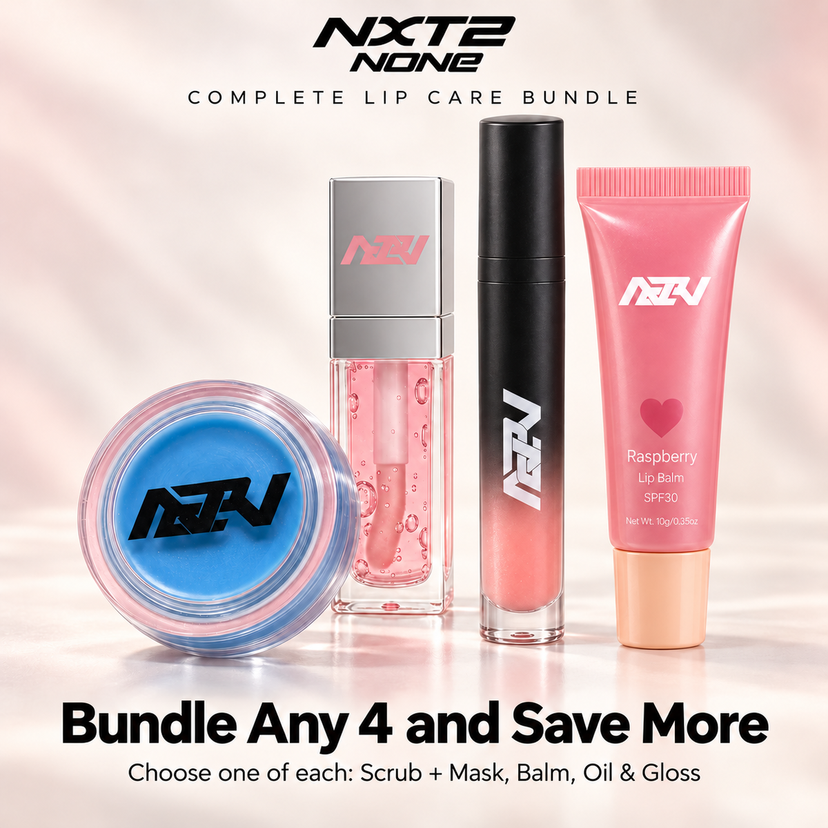 NXT2NONE Complete Lip Care Bundle. Choose one of each: Scrub + Mask, Balm, Oil and Gloss. Bundle Any 4 and Save More.